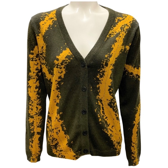 PRABAL GURUNG OLIVE GREEN / MUSTARD YELLOW EMBELLISHED WOOL AND CASHMERE KNIT CA - Picture 1 of 5